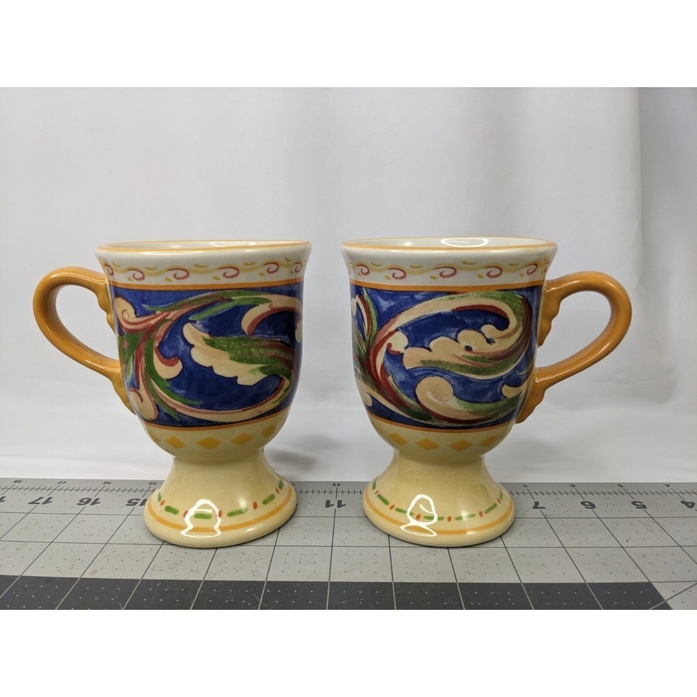 Pfaltzgraff Villa della Luna Mugs Yellow Blue Tuscan Scroll Footed Set of 2